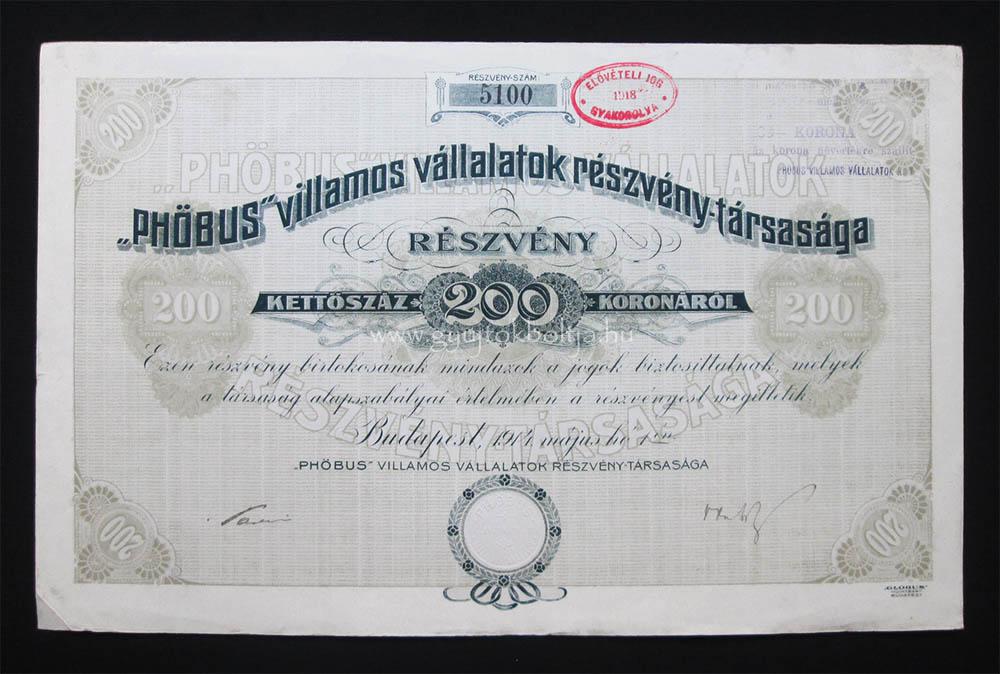 Phöbus Villamos Vállalatok részvény 200 korona 1914